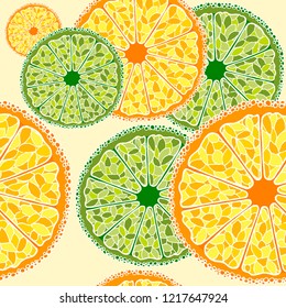 Bright fruit citrus seamless pattern with oranges, tangerines and lemons on beige background. Vector illustration in juicy style. Color hand drawn vector illustrations of citrus.