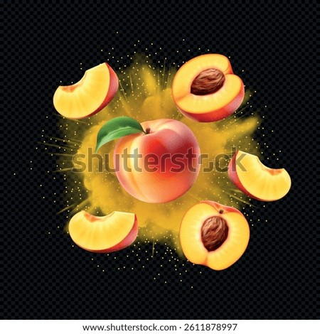 Bright fruit explosion with flying whole and halves of peaches and green leaves on a dark background. A splash of juicy peaches for product packaging design.