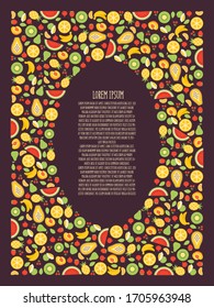 Bright fruit frame with space for text. Image of banana, pineapple, watermelon, kiwi, peach, etc. Illustration for healthy eating and organic foods. Can be used as a cover, banner, frame or logo