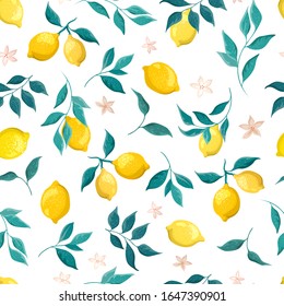 Bright fruit lemons, branches and flowers on a white background. Summer seamless pattern, decorative floral pattern