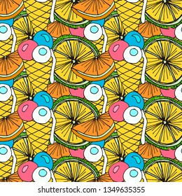 Bright Fruit Pattern With Cocktails, Citrus Fruits, Ice Cream And Pineapples. Colorful Background  For Textile Or Book Covers, Manufacturing, Wallpapers, Print, Gift Wrap And Scrapbooking.