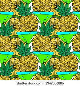 Bright Fruit Pattern With Cocktails And Pineapples. Colorful Background  For Textile Or Book Covers, Manufacturing, Wallpapers, Print, Gift Wrap And Scrapbooking.