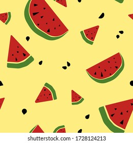 Bright Fruit pattern. Isolated Watermelons on a neutral yellow background. Modern illustration with fresh fruits