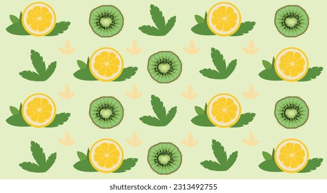 Bright fruit pattern with kiwi and orange on a light green background.