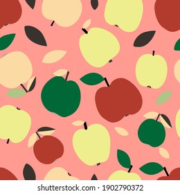 Bright fruit seamless pattern with colorful apples on the pink background. Fruit repeated background. Vector bright print for fabric or wallpaper.