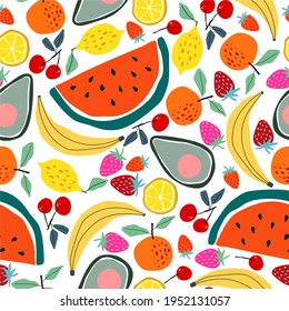 Bright fruit seamless pattern, watermelon, orange, banana, strawberry, cherry, lemon and avocado, ideal for interior decoration, application on fabric or paper