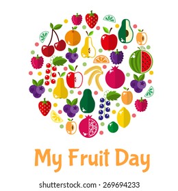 Bright fruit set in flat style. Icons of fruit. vector