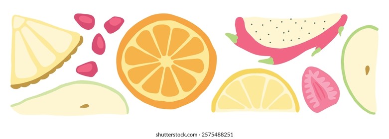 Bright fruit slices of orange, lemon, dragonfruit, pomegranate, and strawberry create a vibrant, juicy, and refreshing tropical summer theme for healthy snacks and decor.