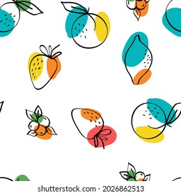 Patrón transparente blanco del vector de la fruta. Ilustración de naranja y de cereza adorable. Color Lemon y Strawberry Cute Background.