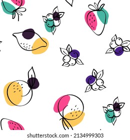 Bright Fruit Vector White Seamless Pattern. Line Lemon and Strawberry Illustration. Green and Fuchsia Citrus and Blueberry Cartoon Wallpaper.
