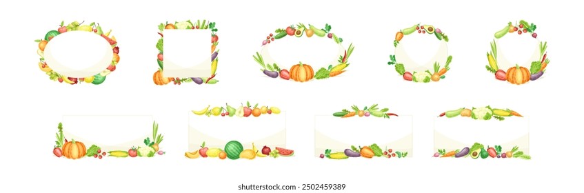 Bright Fruit and Vegetable Frame with Ripe and Fresh Agricultural Cultivar Vector Set