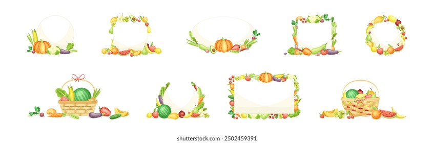 Bright Fruit and Vegetable Frame with Ripe and Fresh Agricultural Cultivar Vector Set