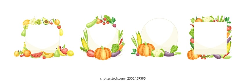 Bright Fruit and Vegetable Frame with Ripe and Fresh Agricultural Cultivar Vector Set