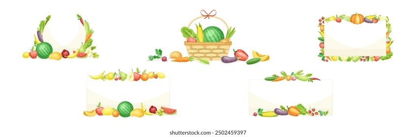 Bright Fruit and Vegetable Frame with Ripe and Fresh Agricultural Cultivar Vector Set