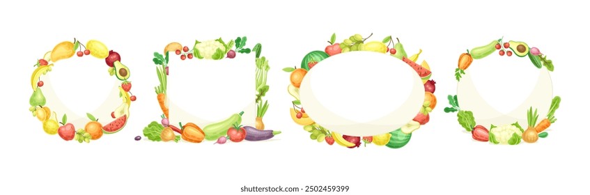 Bright Fruit and Vegetable Frame with Ripe and Fresh Agricultural Cultivar Vector Set