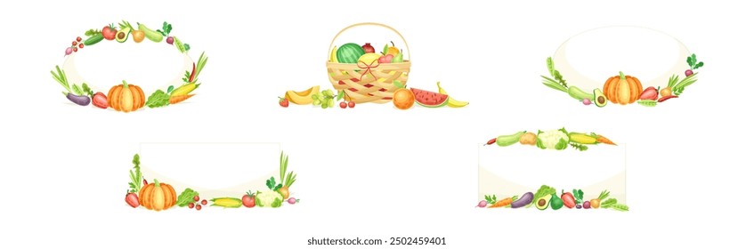 Bright Fruit and Vegetable Frame with Ripe and Fresh Agricultural Cultivar Vector Set