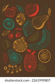 bright fruits and berries set. abstract fruits isolated on dark background. Juicy colors. Delicious and beautiful. Vector illustration