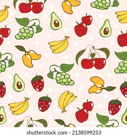 bright fruits icon. banana, red apple, cherry, mango, avocado, grape and strawberry fruits illustration on pink background. hand drawn vector. seamless pattern with fruits. wrapping paper, fabric. 