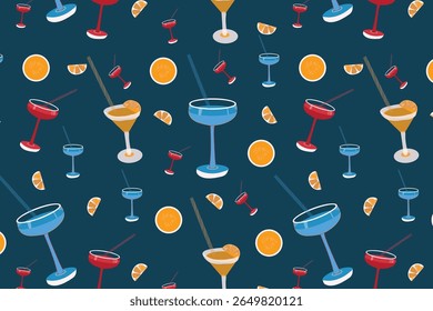 Bright fruits Slices And Drinks in Colorful Background  ideal for Packaging fabric and wallpapers.