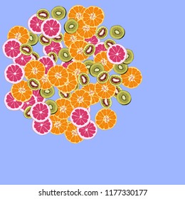 Bright fruity background with orange, grapefruit and kiwi on a blue background.