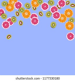 Bright fruity background with orange, grapefruit and kiwi on a blue background.