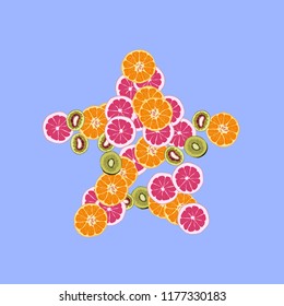 Bright fruity background with orange, grapefruit and kiwi on a blue background.