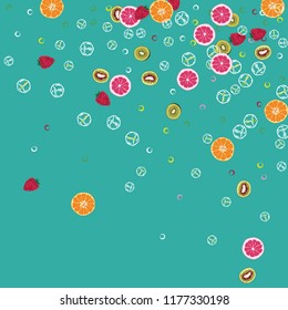 Bright fruity background with orange, grapefruit, strawberries and kiwi on a blue background.