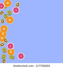 Bright fruity background with orange, grapefruit and kiwi on a blue background.