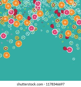 Bright fruity background with orange, grapefruit, strawberries and kiwi on a blue background.