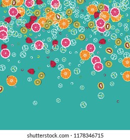 Bright fruity background with orange, grapefruit, strawberries and kiwi on a blue background.
