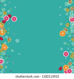 Bright fruity background with orange, grapefruit, strawberries and kiwi on a blue background.