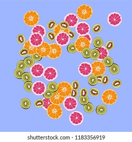 Bright fruity background with orange, grapefruit, strawberries and kiwi on a blue background.