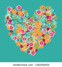 Bright fruity background with orange, grapefruit, strawberries and kiwi on a blue background.