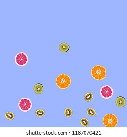 Bright fruity background with orange, grapefruit and kiwi on a blue background.