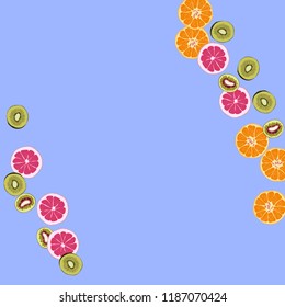 Bright fruity background with orange, grapefruit and kiwi on a blue background.