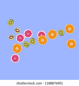 Bright fruity background with orange, grapefruit and kiwi on a blue background.