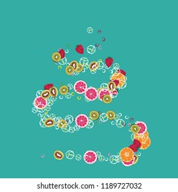 Bright fruity background with orange, grapefruit, strawberries and kiwi on a blue background.