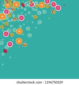 Bright fruity background with orange, grapefruit, strawberries and kiwi on a blue background.