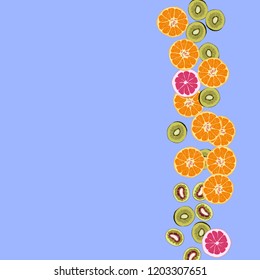 Bright fruity background with orange, grapefruit and kiwi on a blue background.