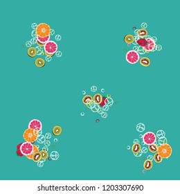 Bright fruity background with orange, grapefruit, strawberries and kiwi on a blue background.