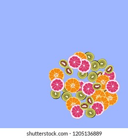 Bright fruity background with orange, grapefruit and kiwi on a blue background.