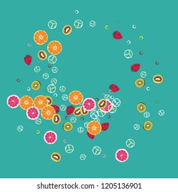Bright fruity background with orange, grapefruit, strawberries and kiwi on a blue background.
