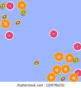 Bright fruity background with orange, grapefruit and kiwi on a blue background.