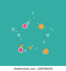 Bright fruity background with orange, grapefruit, strawberries and kiwi on a blue background.