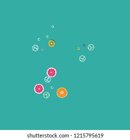 Bright fruity background with orange, grapefruit, strawberries and kiwi on a blue background.