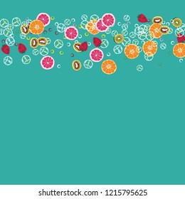 Bright fruity background with orange, grapefruit, strawberries and kiwi on a blue background.