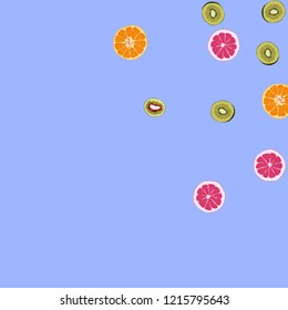 Bright fruity background with orange, grapefruit and kiwi on a blue background.