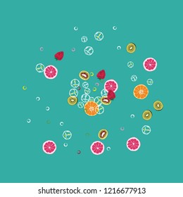 Bright fruity background with orange, grapefruit, strawberries and kiwi on a blue background.
