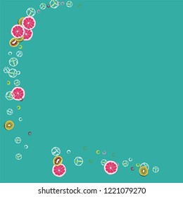 Bright fruity background with orange, grapefruit, strawberries and kiwi on a blue background.