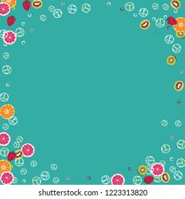 Bright fruity background with orange, grapefruit, strawberries and kiwi on a blue background.